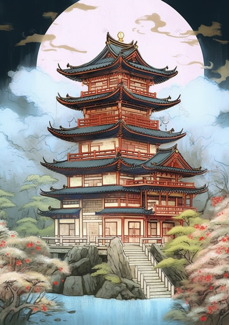 蓝色手绘国潮风山水花鸟建筑背景,插画/手绘图,插画/手绘图库,插画/手绘图下载,插画/手绘